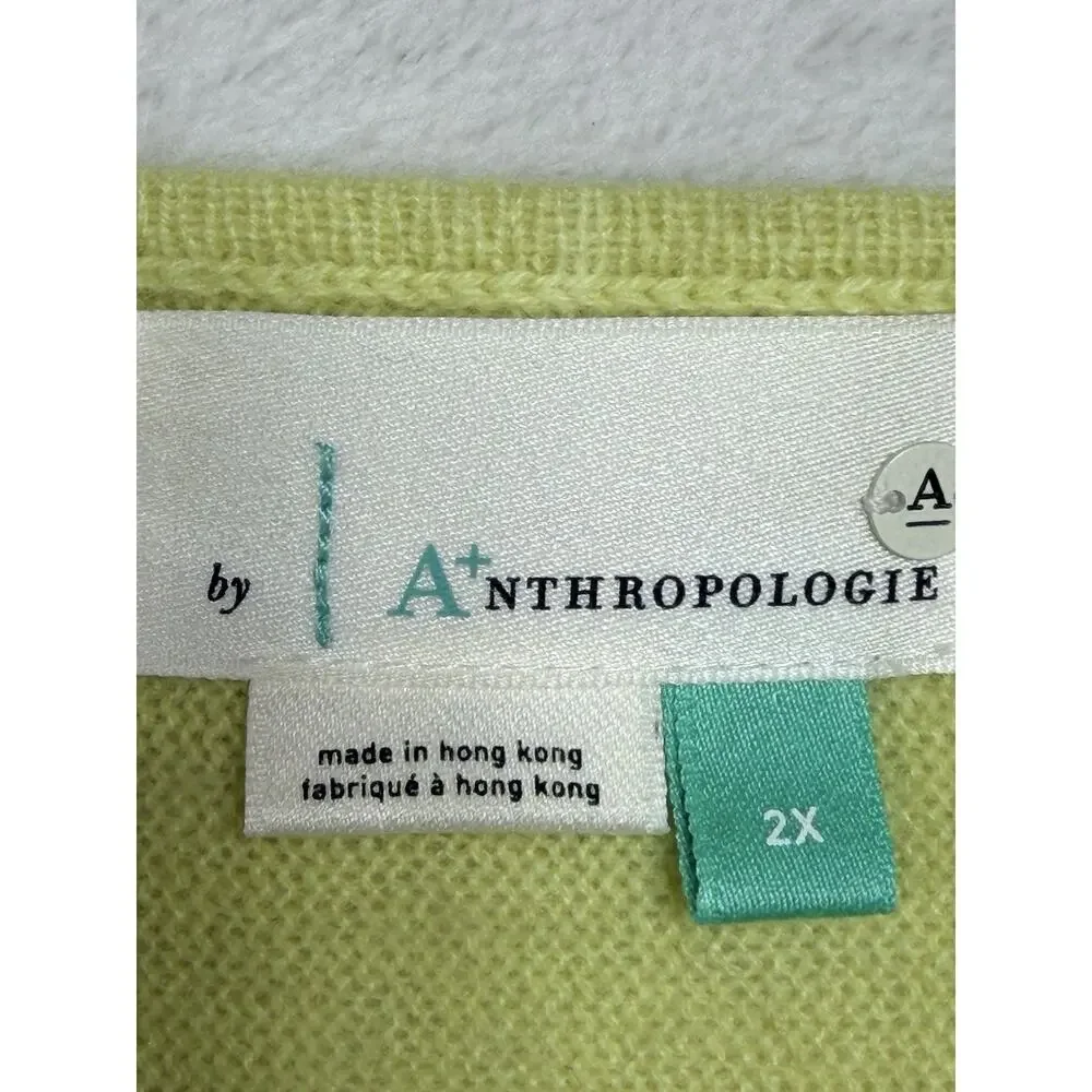 Anthropologie Moth Sz 2X Bat Wing Lime Green Round Neck Bottom Ribbed Sweater
